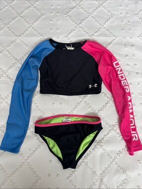 Under Armour Black Rash Guard Swim Set with Blue & Pink Sleeves